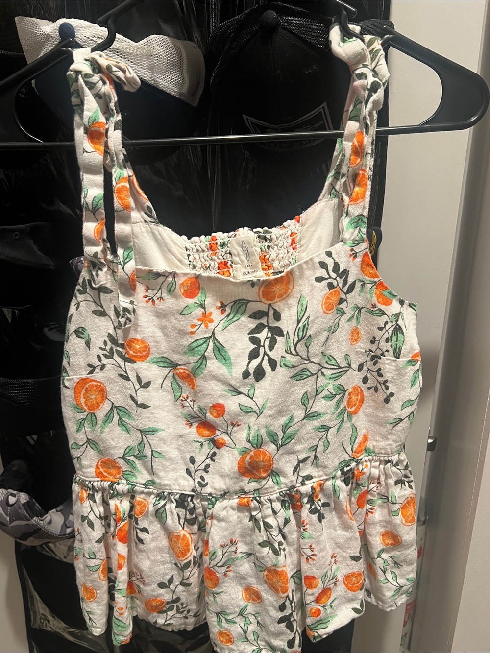 Joie White Linen Tank with Orange and Green Floral Smocking